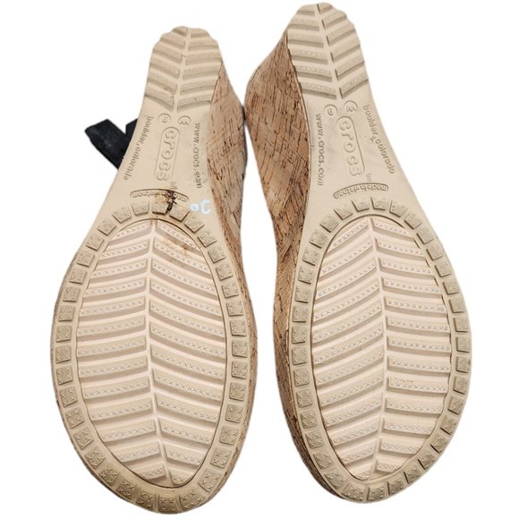 Crocs A-Leigh Black Leather Slingback Strap Wedge Cork Heels Casual Sandals 9W - Picture 5 of 9